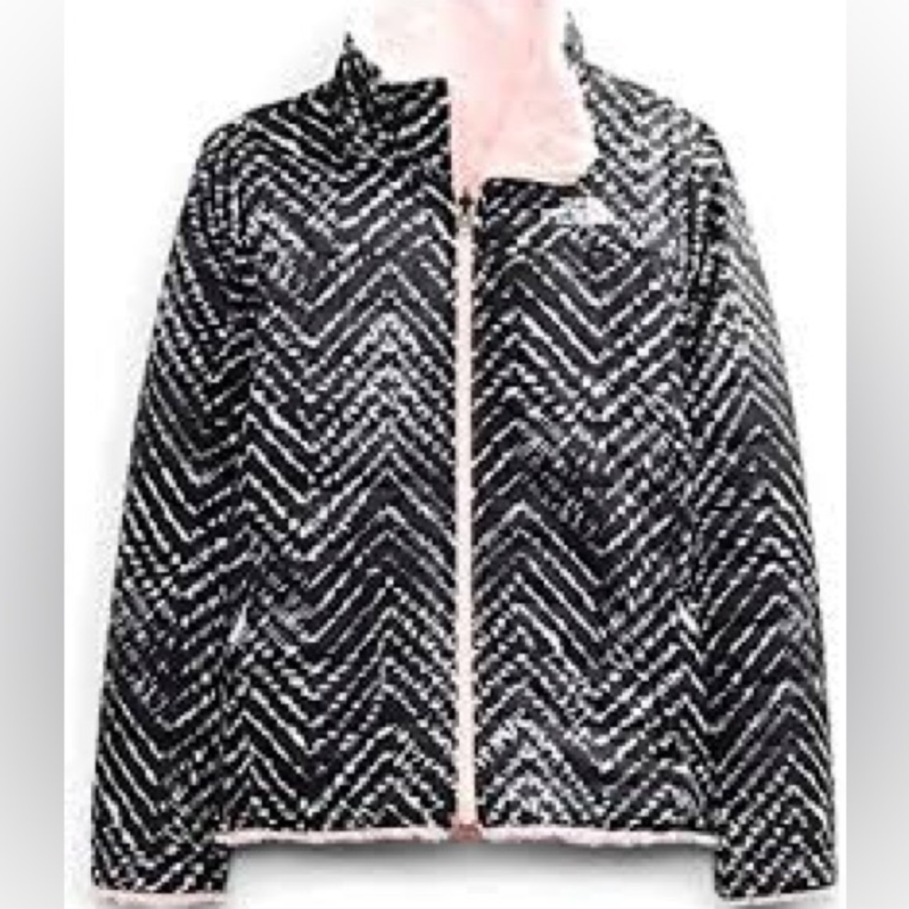 The North Face Girls Reversible Puffer Jacket 8/10 Black White Pink Fuzzy Soft